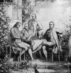 Schiller met zijn literaire vrienden in Jena, tegenover hem zit Goethe