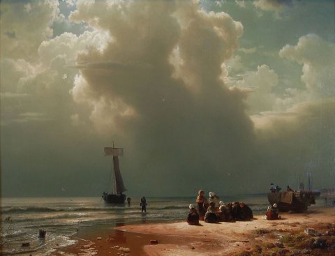 Het strand van Scheveningen bij opkomende onweersbui van Andreas Achenbach